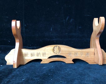 Chinese Traditions Peach Wood Sword Stand, Wooden Horizontal Pen Brush Holder Display Rack, Detachable Japanese Samurai Sword Table Holder