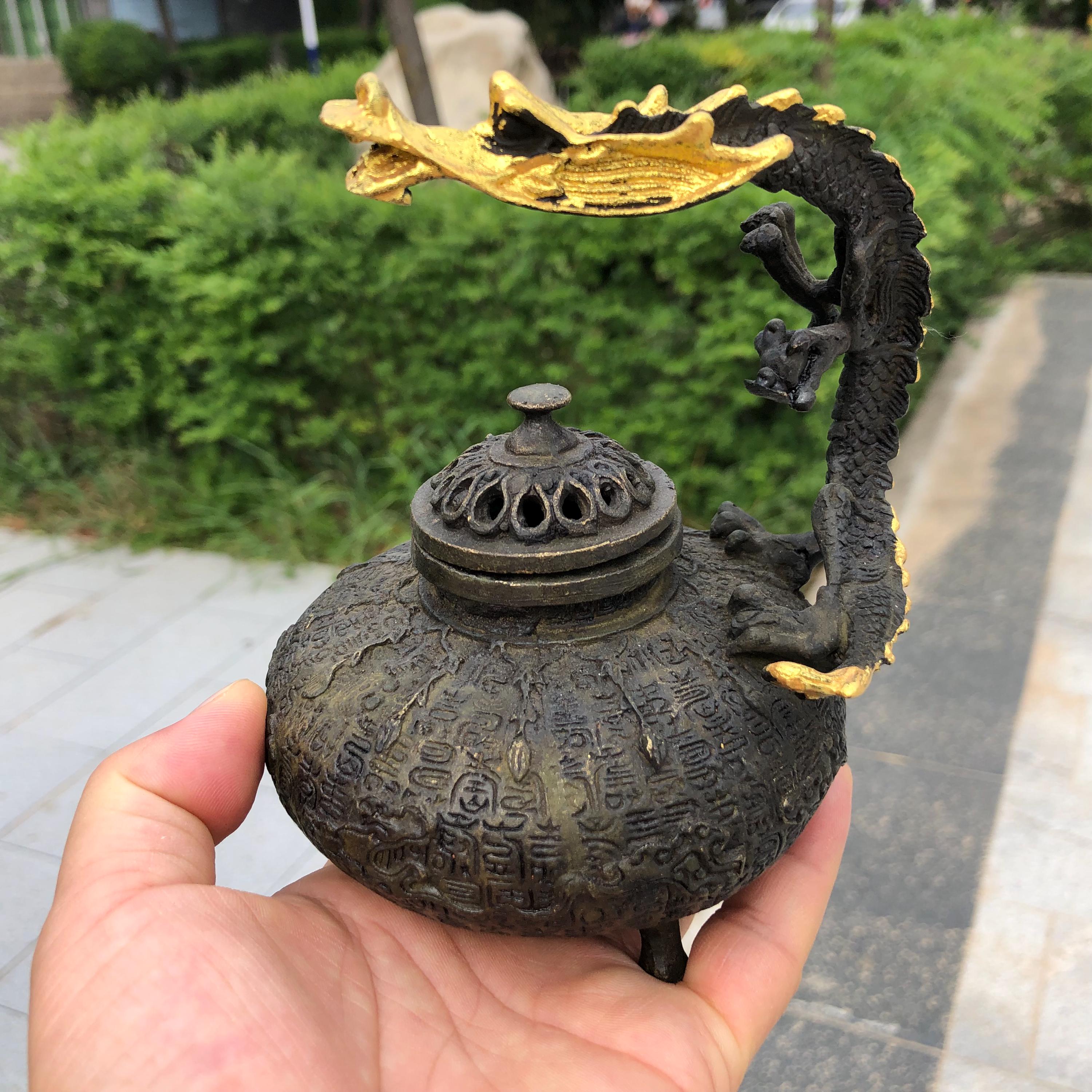 Tibetan Vintage Antique Bronze Dragon Handle Incense Burner Copper