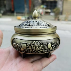 Fine Brass Three legs luck Lotus Relief incense burner ash catcher censer holder meditation tea ceremony,Cone Coil Ash Catcher Indoor Statue