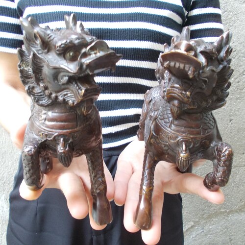 Shops A Pairs kylin Statue,copper gild carved home fengshui Wealth Auspicious beast dragon figurine mythical animal