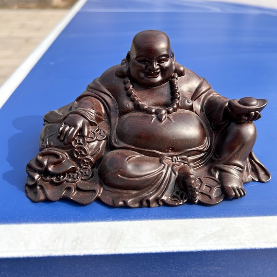 Hand Carved Wooden Laughing Buddha Statue Wood Maitreya Buddha