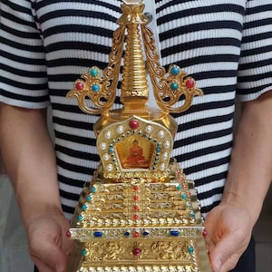 Décorations de salon feng shui, bouddhisme pagode bouddha stupa doré, reliques de Bouddha temple sanctuaire tour Sakyamuni stupa tantra Dagoba ZL234