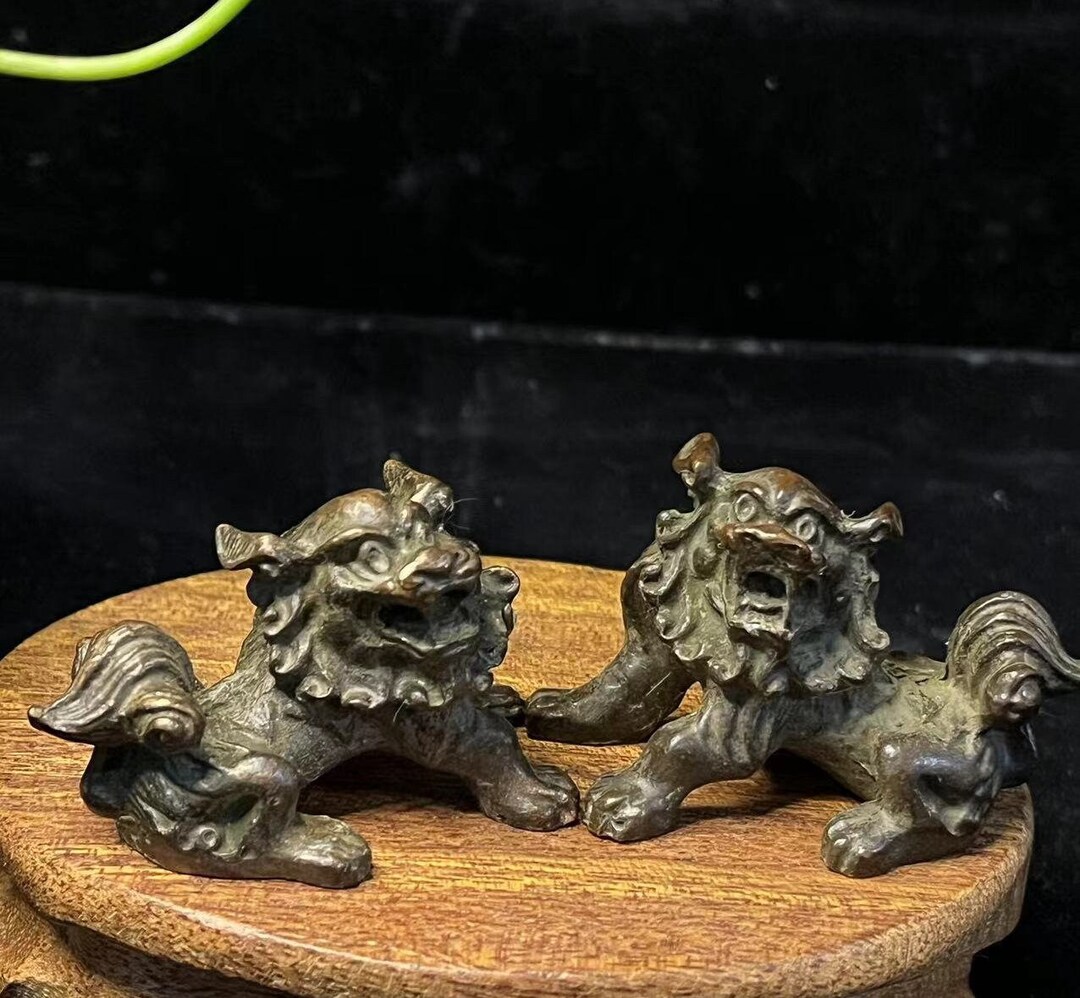 Pair Wealth Mini Lion Statue Feng Shui Decor Kirin Piyao, Copper Lion ...