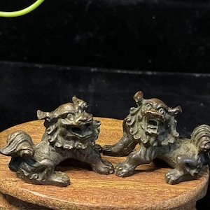 Pair Wealth Mini Lion Statue Feng Shui Decor Kirin Piyao, Copper Lion,Bronze unicorn Figurine,Foo-Dogs Lion Temple Guardian,Feng Shui Decor