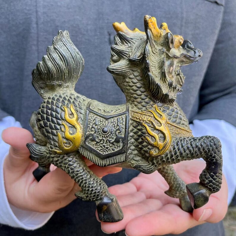 A Pair Wealth Qilin Statue Feng Shui Decor Kirin Pi Yao,copper Kylin ...