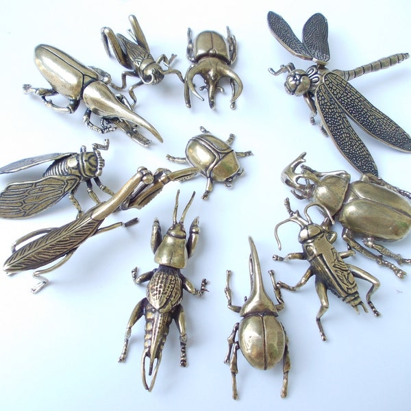 Lot de 11, statues d'insecte coléoptères en laiton, grandeur nature, vintage, sauterelle, licorne, cricket, figurine animale, cigale courtilière libellule