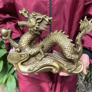 Big bronze dragon figurine, Copper Dragon Statue, Fengshui ornament Wealth FengShui Lucky Loong Figurine for Good Luck Success Zodiac Dragon