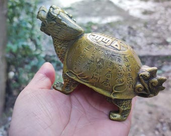 Vintage  Old Copper Bronze FengShui Dragon Turtle Divine Beast Lucky Sculpture Tank decor Tea Pet Figurine Animal tortoise longevity  turtle