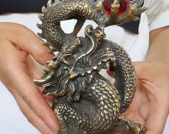 Hand Carved Chinese Old Bronze Copper Dragon Statue - Traditional