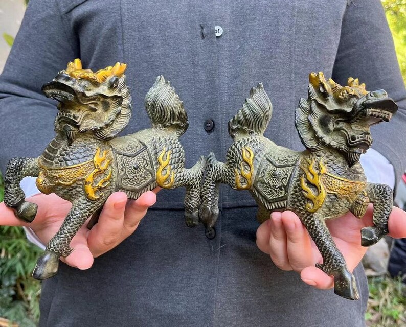 A Pair Wealth Qilin Statue Feng Shui Decor Kirin Pi Yao,copper Kylin ...