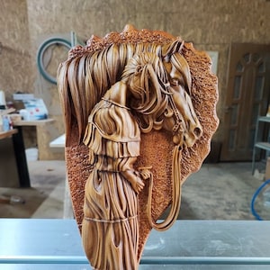 Woman with horse, cow girl, rider, horse sculpture, cowboy wood carved, cowboy gift, western, gift for him, wood wall art, Christmas gift