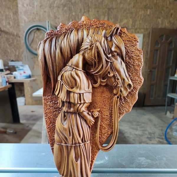 Femme avec cheval, fille de vache, cavalier, sculpture de cheval, bois de cowboy sculpté, cadeau de cowboy, western, cadeau pour lui, art mural en bois, cadeau de Noël