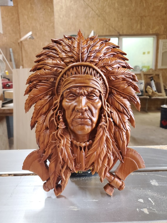 Native American Wood Sculpture, Wood Carved Wall Decor, American