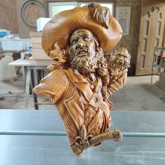 Pirate Carved on Wood, Wood Carving Pirate, Gift Wall Hanging