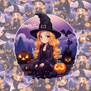 Halloween Sticker Witchy Blond Hair Cute Pumpkin Patch Vinyl Waterproof