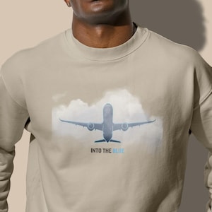 Into the Blue Sweatshirt, Aviation Pullover, Airplane Graphic, Pilot Gift, Flying Enthusiast, Cloud Sky Design