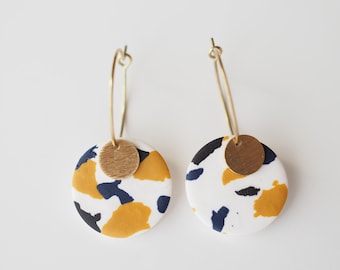 Clay terrazzo hoop earrings | navy blue, black and yellow mustard and tiny brass circle