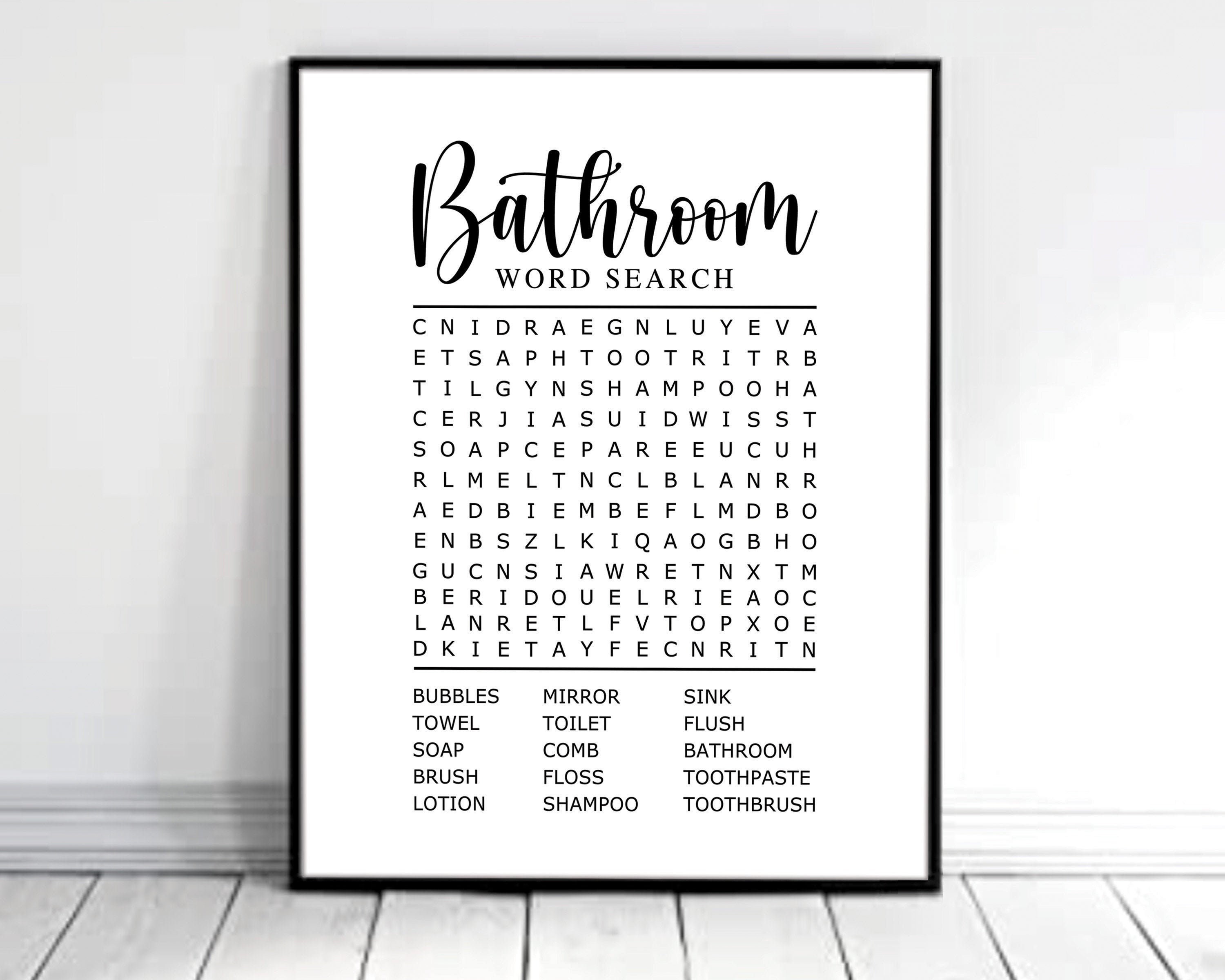 Bathroom Word Search. Bathroom Wall Art. Bathroom Wall Decor. Word