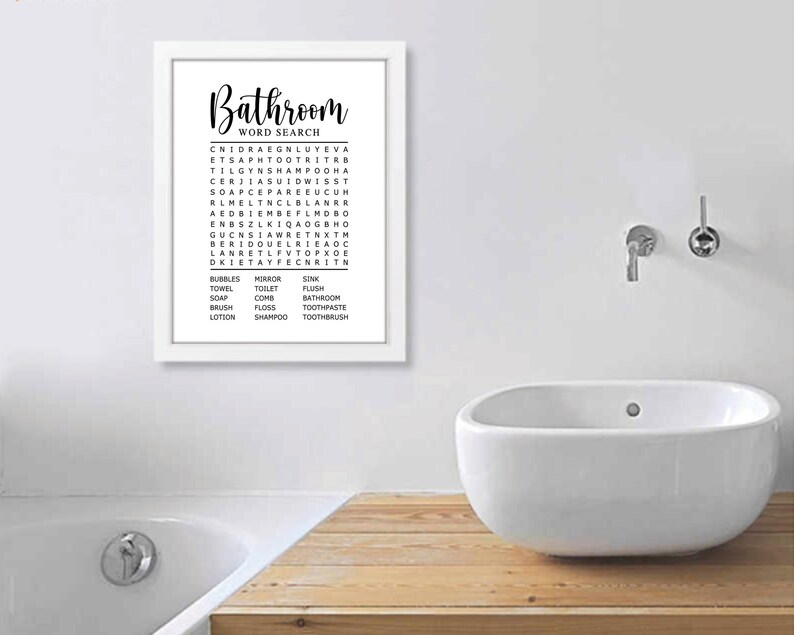 Bathroom Word Search. Bathroom Wall Art. Bathroom Wall Decor. Word
