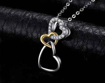 Triple Interlocking Hearts Necklace - Certified 925 Sterling Silver - Cubic Zirconia Gem Stones