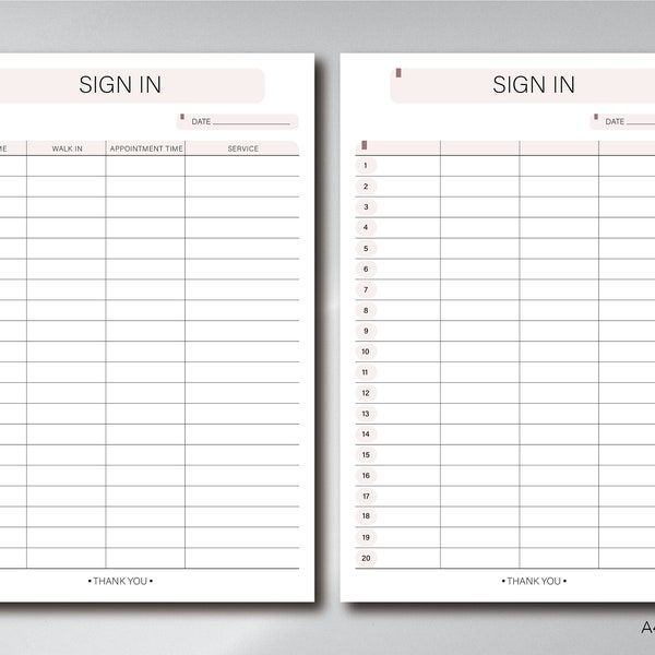 Printable Sign in sheet/ Sign up list/  2 Layouts/ Sign in template/ Sign up form/ simple Sign up list/ A4, US Letter/Client Sign in sheets