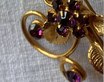 Vintage Gold-Tone and Amethyst Rhinestone Brooch