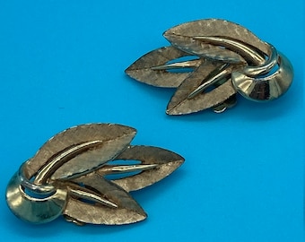 Gold Tone Leaves With Rhinestones Book Piece Signed Boucher Clip On Earrings