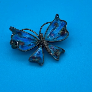 Vintage Blue Enamel and Silver Butterfly Pin