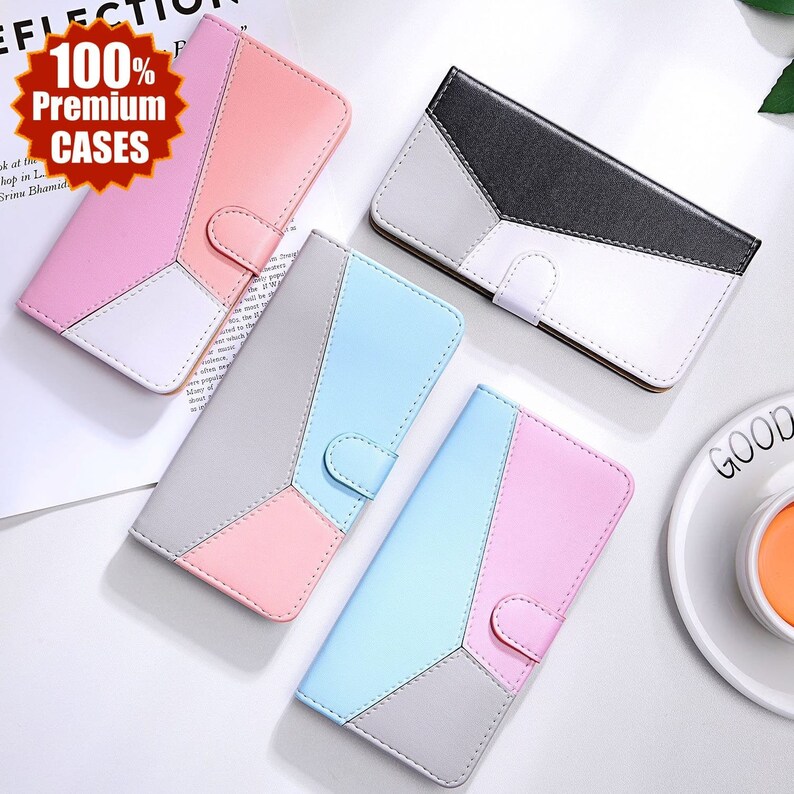 Premium Tricolour Leather Folio Wallet Phone Kickstand Flip Cover Case For Samsung S22 S21 S20 S10 S9 S8 S7 FE Lite Plus Note 10 20 Ultra 