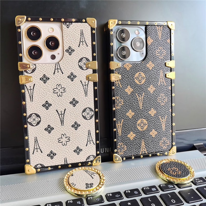 Silicone Pu Leather Pattern Luxury Fashion Designer Grip Holder Square Cover Case For iPhone 14 13 12 11 Pro Max Mini XS XR SE 8 7 6 Plus 