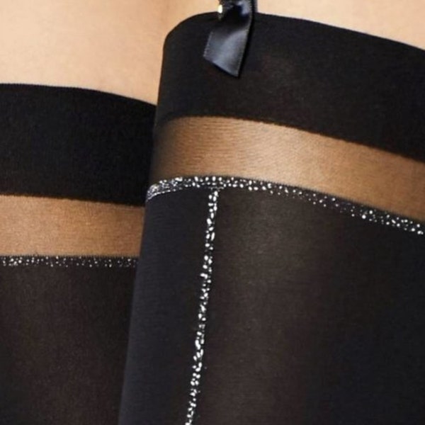 Black Stockings Opague Legs with Sheer Details, Metallic Front Seam 40 Denier Thigh High Hosiery, SML