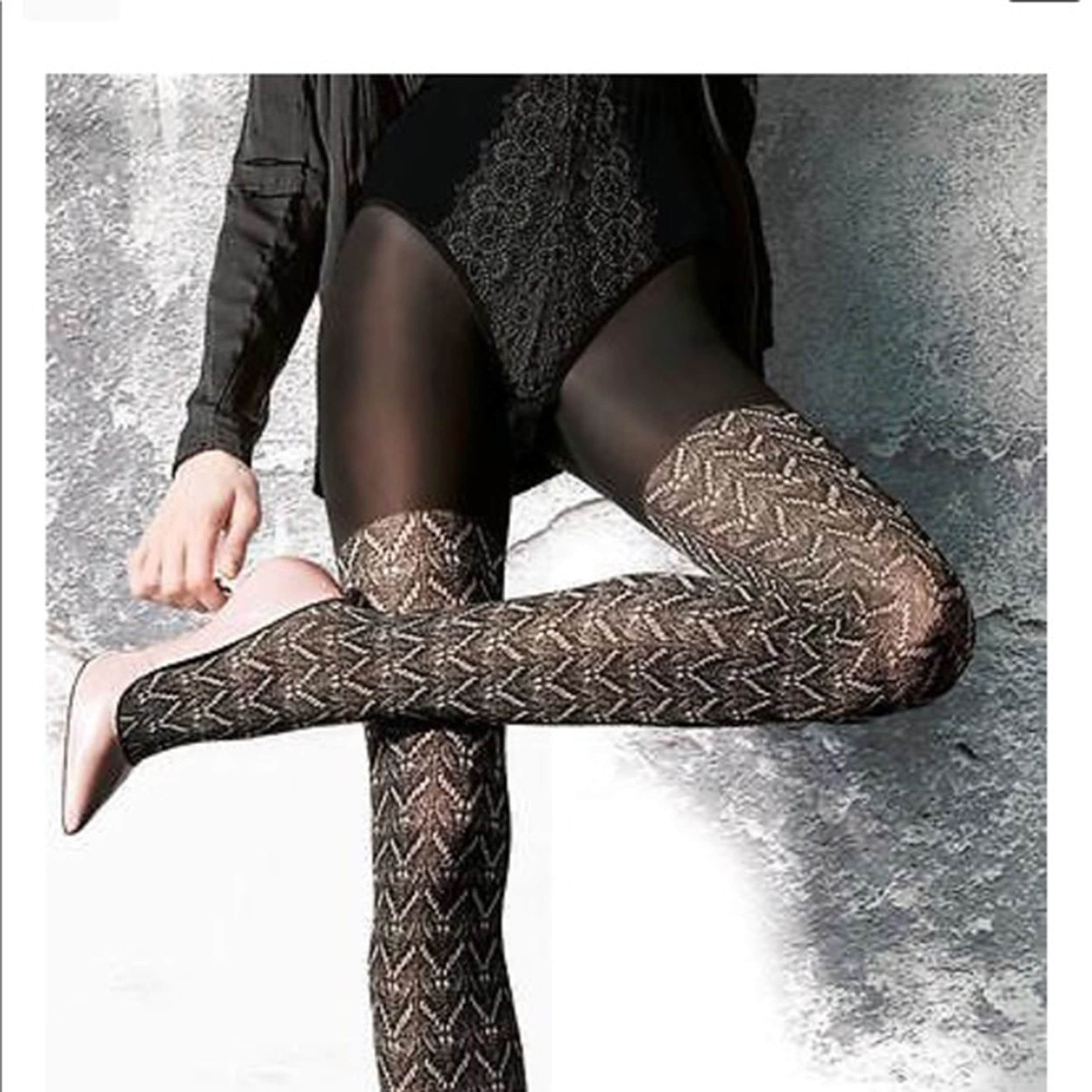 Fiore Sublime 30D Patterned Tights, Black Faux Stocking Garter Belt