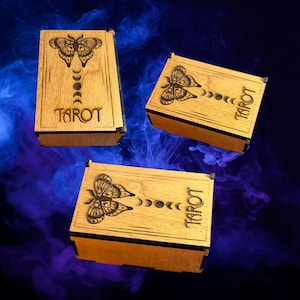 Wooden Moth & Moon Phase Tarot Box – Custom Size, Personalized Tarot Card Storage, Witchy Altar Keepsake