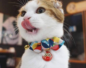 Handmade Cat Collar: Japan Crepe Fabric Bowtie with Daruma Charm