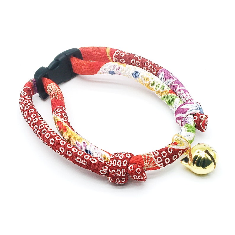 Handmade Japanese Chirimen Cat Collar: Soft Kitten Collar with Kitty Face Bell image 6