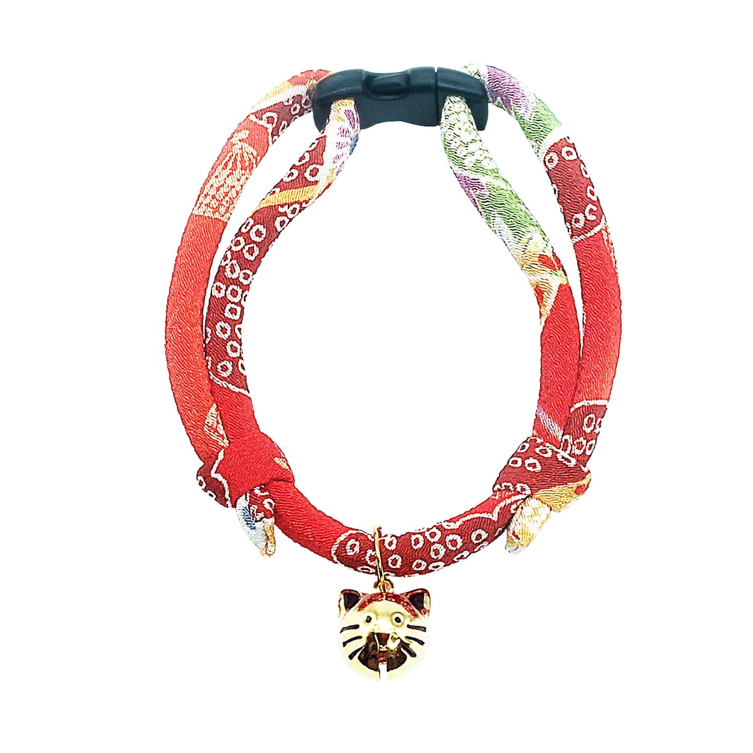 View of Handmade Japanese Chirimen Cat Collar: Soft Kitten Collar With Kitty ...