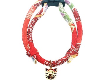 Handmade Japanese Chirimen Cat Collar: Soft Kitten Collar with Kitty Face Bell