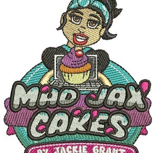 May include: A colorful logo for a bakery called "Mad Jax Cakes by Jackie Grant". The logo features a cartoon woman with a purple cupcake in front of a laptop.