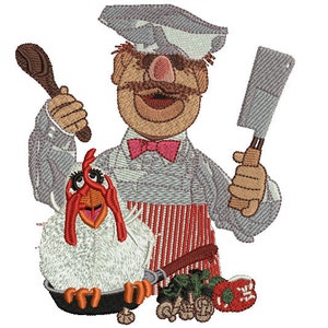 K&ouml;nnte beinhalten: Ein Cartoon-Koch mit einer wei&szlig;en Kochm&uuml;tze und einer rot-wei&szlig; gestreiften Sch&uuml;rze h&auml;lt in der einen Hand einen Holzl&ouml;ffel und in der anderen ein Metzgermesser. Er bereitet ein H&auml;hnchen in einer Pfanne mit Gem&uuml;se und Pilzen zu.