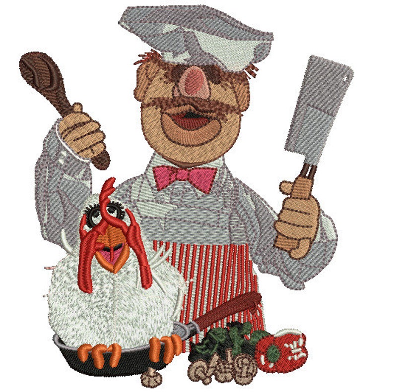 K&ouml;nnte beinhalten: Ein Cartoon-Koch mit einer wei&szlig;en Kochm&uuml;tze und einer rot-wei&szlig; gestreiften Sch&uuml;rze h&auml;lt in der einen Hand einen Holzl&ouml;ffel und in der anderen ein Metzgermesser. Er bereitet ein H&auml;hnchen in einer Pfanne mit Gem&uuml;se und Pilzen zu.