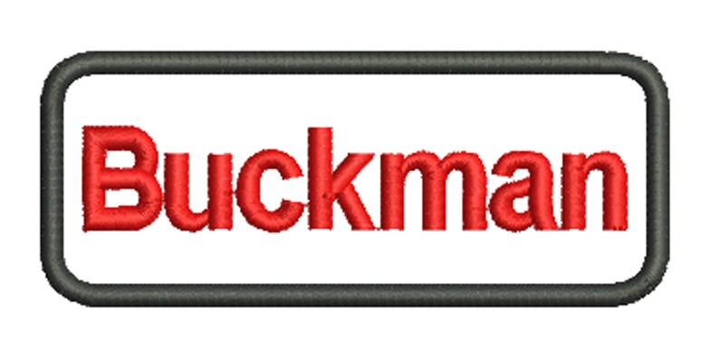 May include: A white rectangular patch with a black border and the word "Buckman" embroidered in red.
