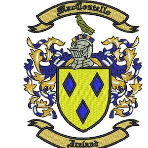 K&ouml;nnte beinhalten: Ein gelbes und blaues Wappen mit einem Helm und einem Vogel als Helmzier. Der Schild hat vier blaue Diamanten auf gelbem Grund. Das Banner &uuml;ber dem Wappen lautet "Mc Costello" und das Banner darunter lautet "Irland".