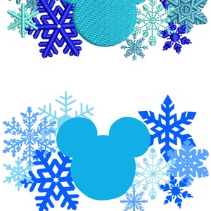 May include: Blue Mickey Mouse head silhouette surrounded by blue and light blue snowflakes.