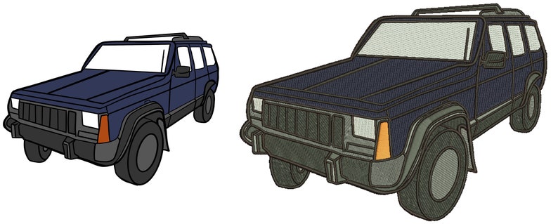 May include: A blue Jeep Cherokee SUV with a black roof rack. The vehicle is facing the viewer with the front grill and headlights visible.