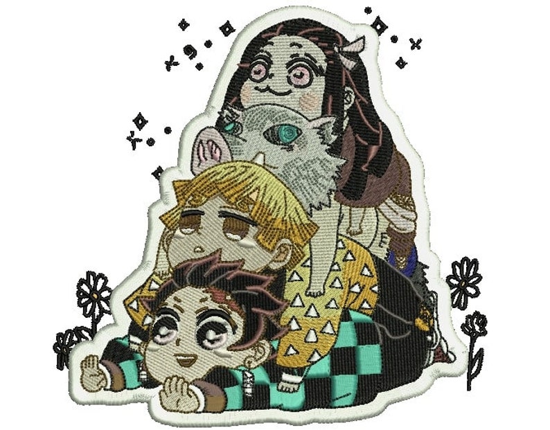May include: An embroidered patch featuring three anime characters from the show Demon Slayer. The characters are Tanjiro Kamado, Nezuko Kamado, and Zenitsu Agatsuma. The patch is white with black outlines and features a yellow, green, and black color scheme.