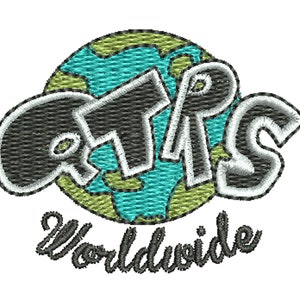 May include: A black and white embroidered patch with the word "ATPS" in a stylized font, with a green and blue embroidered globe behind the text. The text "Worldwide" is embroidered below the globe.