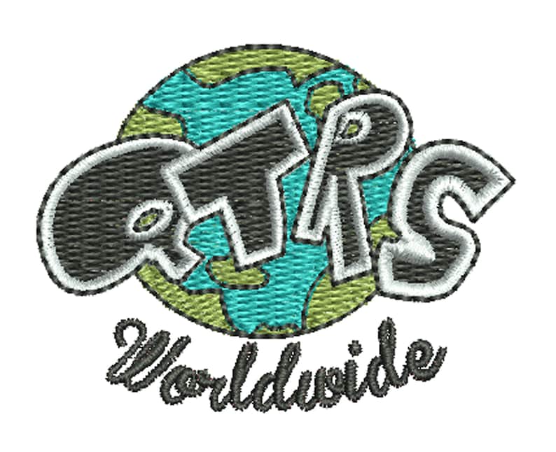 May include: A black and white embroidered patch with the word "ATPS" in a stylized font, with a green and blue embroidered globe behind the text. The text "Worldwide" is embroidered below the globe.