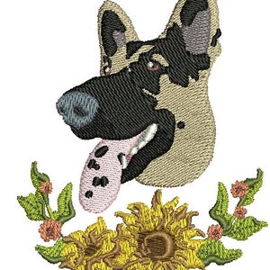 May include: Embroidered design of a German Shepherd dog with a pink tongue sticking out, surrounded by yellow sunflowers and green leaves.