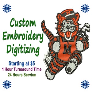 May include: Custom embroidery digitizing services starting at $5.  One hour turnaround time and 24 hour service.  The image shows a cartoon tiger wearing a golf shirt with the letter "M" on it.