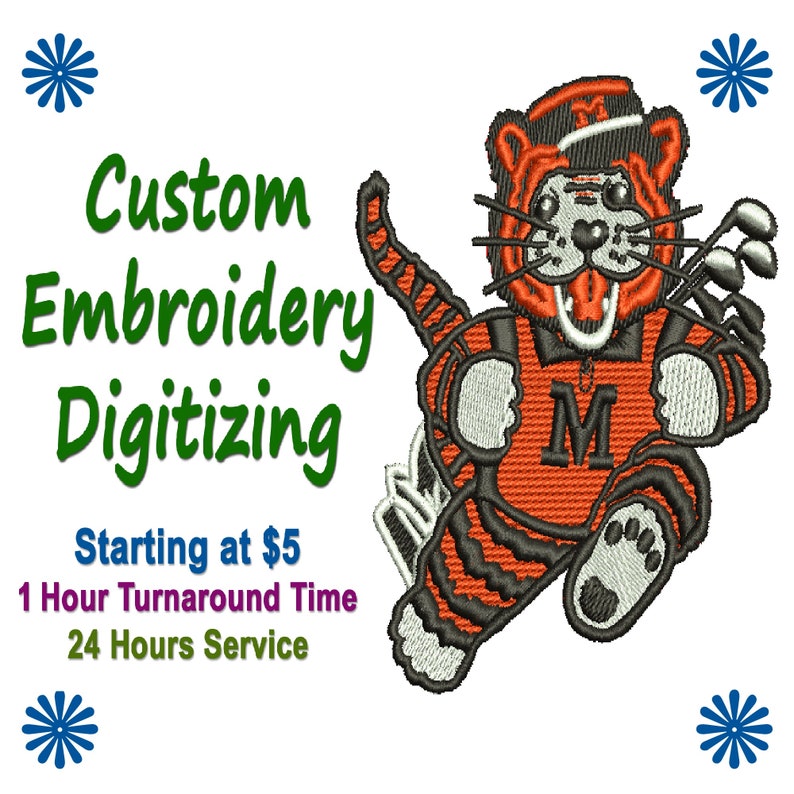 May include: Custom embroidery digitizing services starting at $5.  One hour turnaround time and 24 hour service.  The image shows a cartoon tiger wearing a golf shirt with the letter "M" on it.